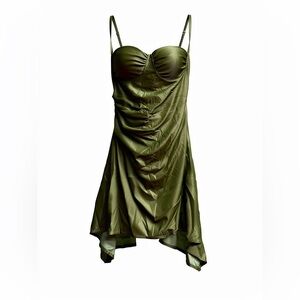 Satin Mini‎ Dress Army Green Spaghetti Strap Ruched Sexy Club Party Women's